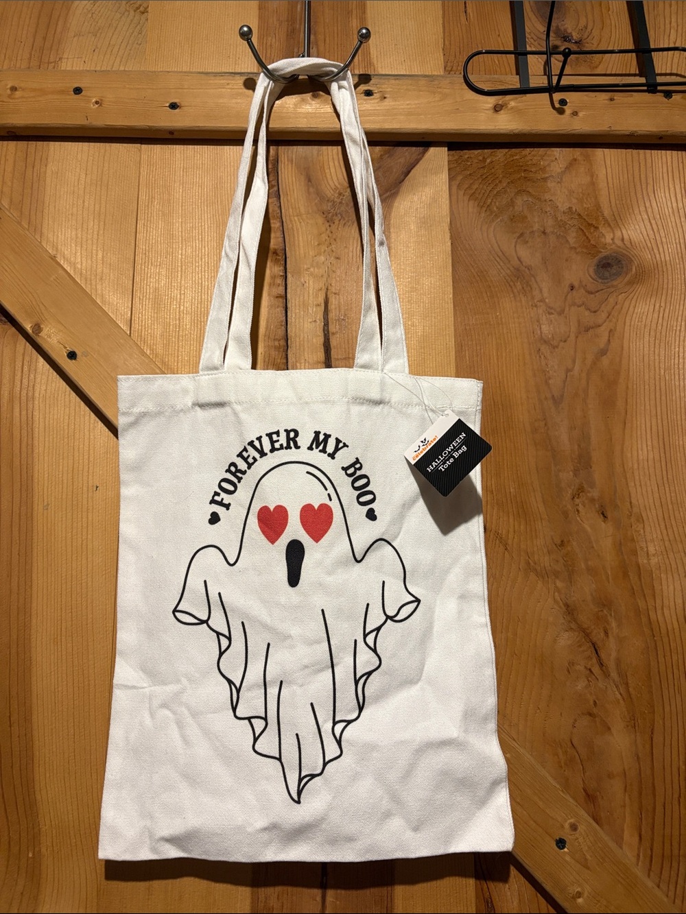 Forever My Boo White Canvas Tote with Red Heart Detail
